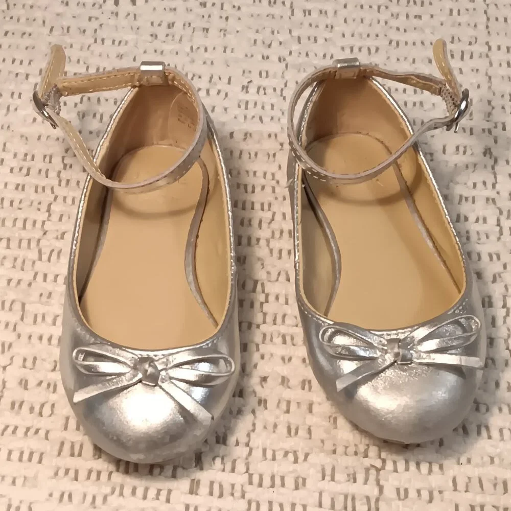 Janie & Jack little girls Metallic Ankle Strap Bow Ballet dress Flats sz 7 -READ
